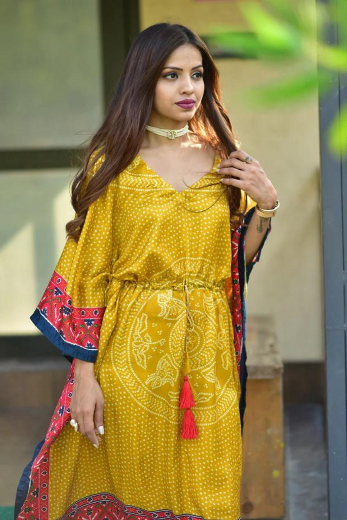Mustard Color Digital Bandhej Print Pure Gaji Silk Kaftan - Diva D London LTD