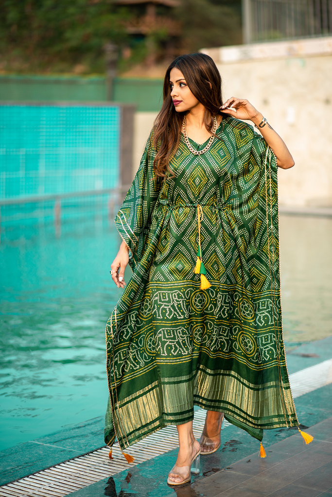 Green Color Digital Bandhej Print Pure Gaji Silk Kaftan - Diva D London LTD