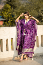 Load image into Gallery viewer, Wine Color Digital Bandhej Print Pure Gaji Silk Kaftan Dress - Diva D London LTD