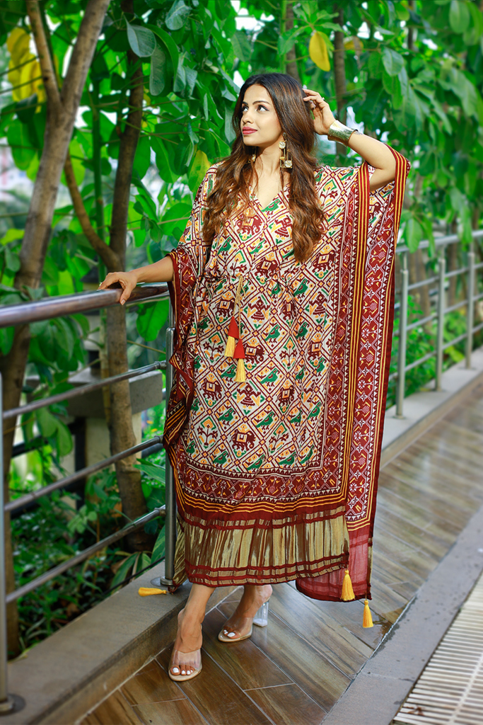 Maroon Color Bandhani Printed Pure Gaji Silk Kaftan - Diva D London LTD