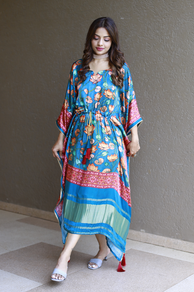 Teal Color Digital Printed Pure Gaji Silk Kaftan Dresses - Diva D London LTD