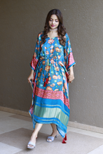 Load image into Gallery viewer, Teal Color Digital Printed Pure Gaji Silk Kaftan Dresses - Diva D London LTD