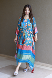 Teal Color Digital Printed Pure Gaji Silk Kaftan Dresses