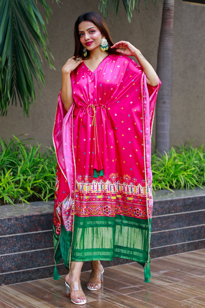 Pink Color Digital Bandhej Print Pure Gaji Silk Kaftan - Diva D London LTD