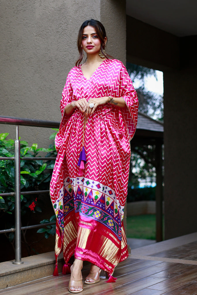 Pink & White Color Digital Print Pure Gaji Silk Kaftan - Diva D London LTD