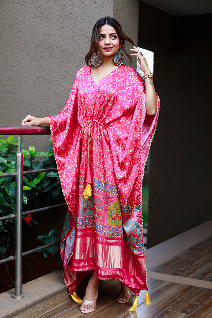Pink Color Digital Print Pure Gaji Silk Kaftan - Diva D London LTD