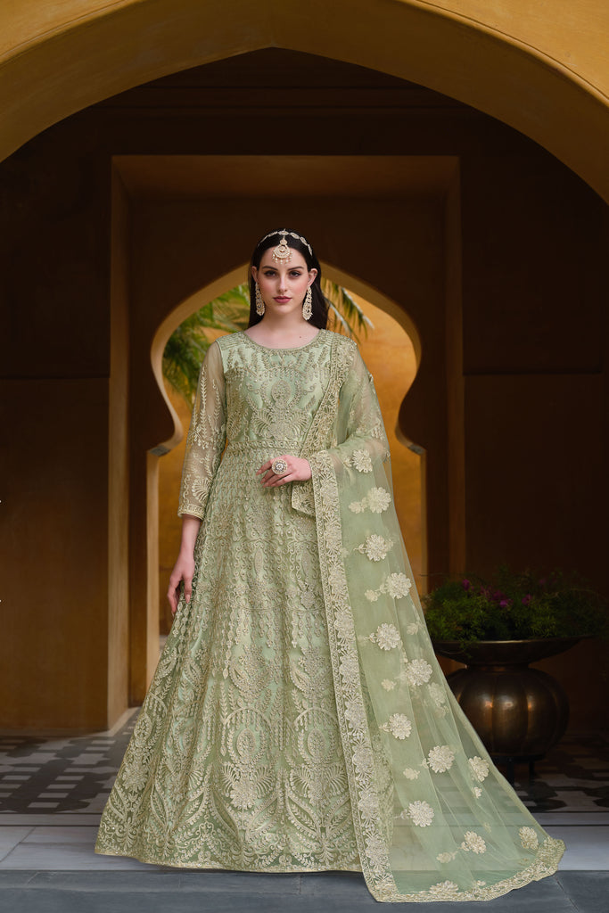 Alluring Net Fabric Green Party Style Anarkali Suit