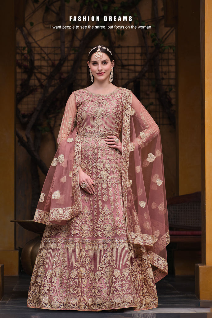 Dusky Pink Alluring Net Fabric Party Style Anarkali Suit