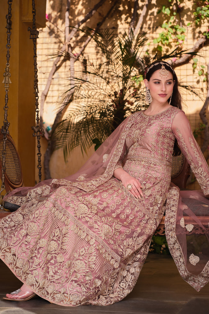 Dusky Pink Alluring Net Fabric Party Style Anarkali Suit