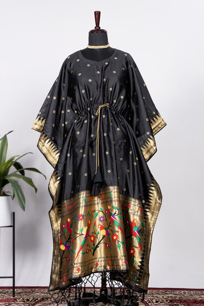 Black Color Weaving Zari Work Jacquard Paithani Kaftan Dress - Diva D London LTD