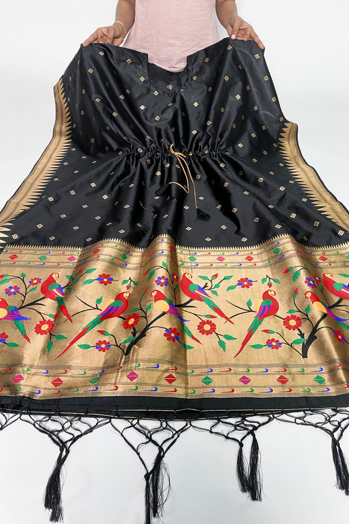 Black Color Weaving Zari Work Jacquard Paithani Kaftan Dress - Diva D London LTD