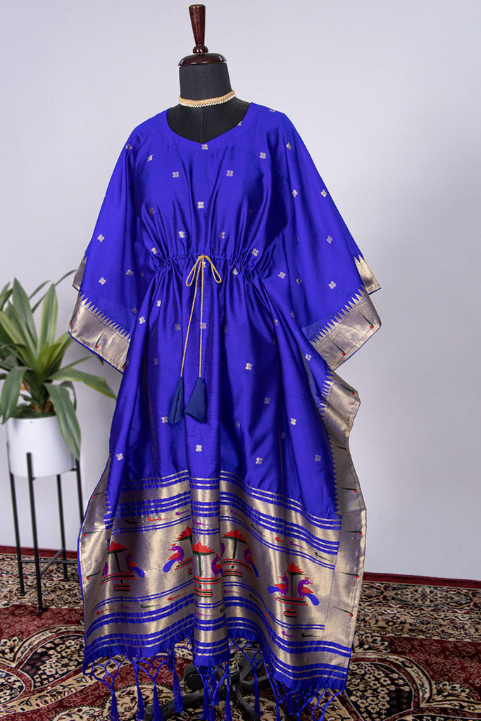 Blue Color Weaving Zari Work Jacquard Paithani Kaftan Dress - Diva D London LTD