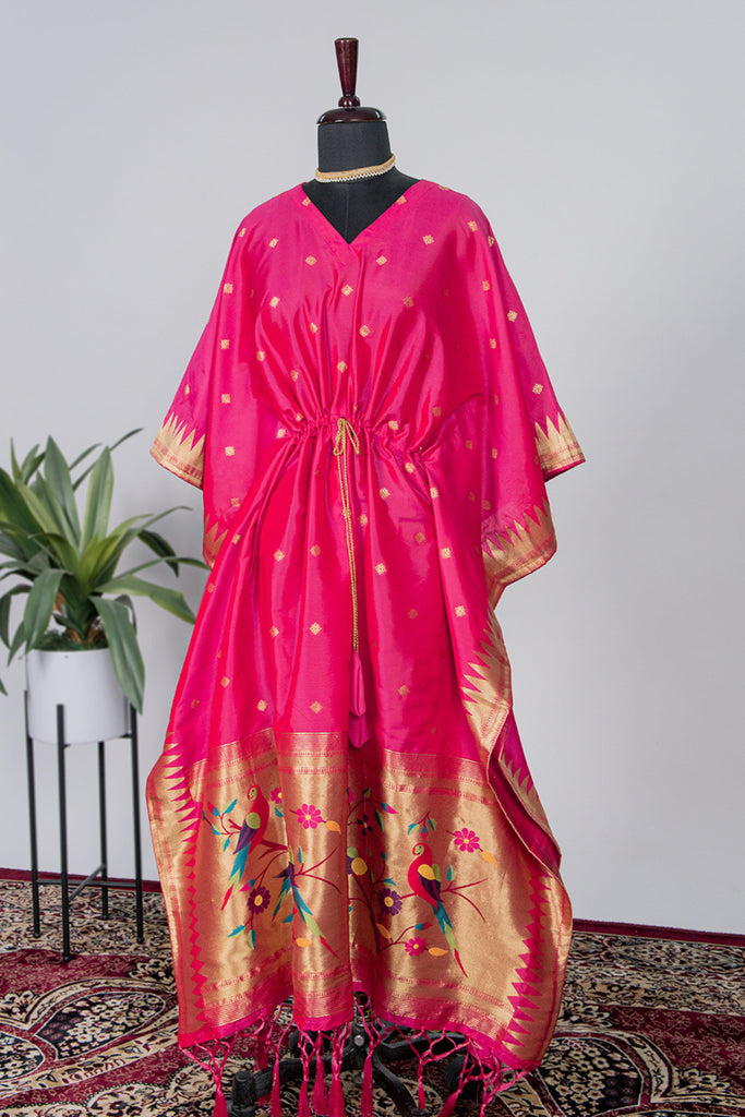Pink Color Weaving Zari Work Jacquard Paithani Kaftan - Diva D London LTD