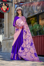Load image into Gallery viewer, Blue Gem and Pink Printed Satin Crepe Sarees