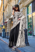 Load image into Gallery viewer, Black and White Printed Satin Crepe Sarees