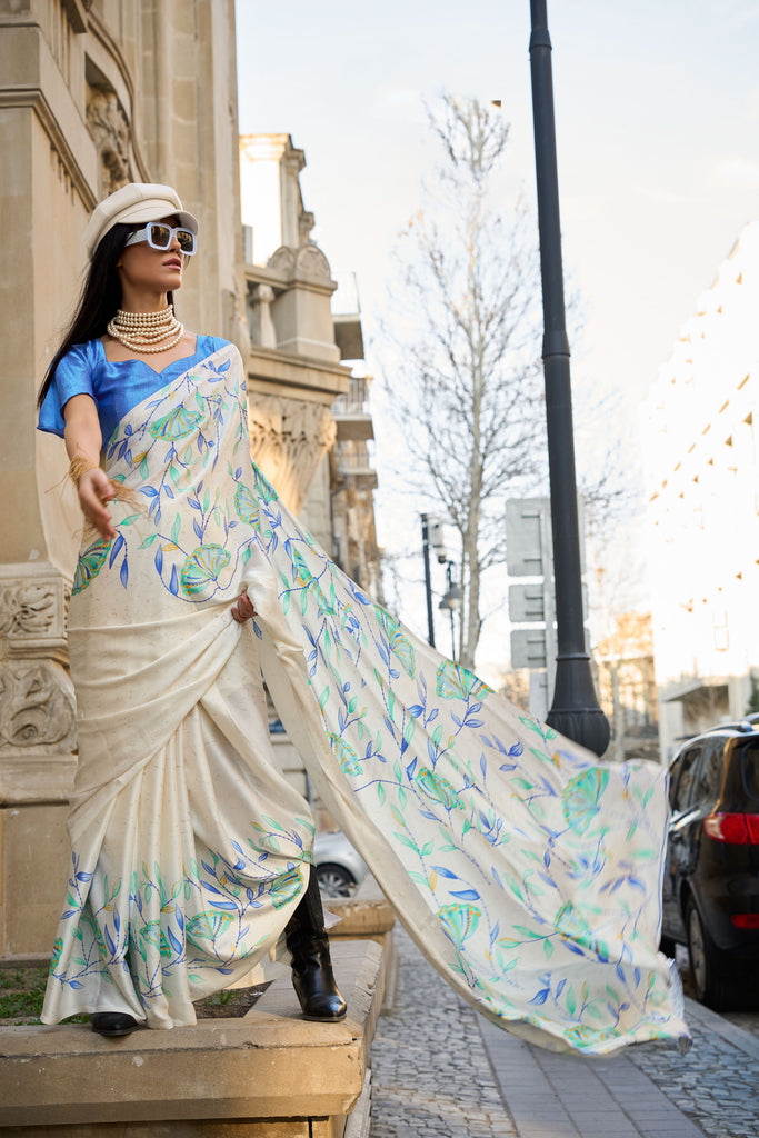 White With Blue Printed Satin Crepe Sarees