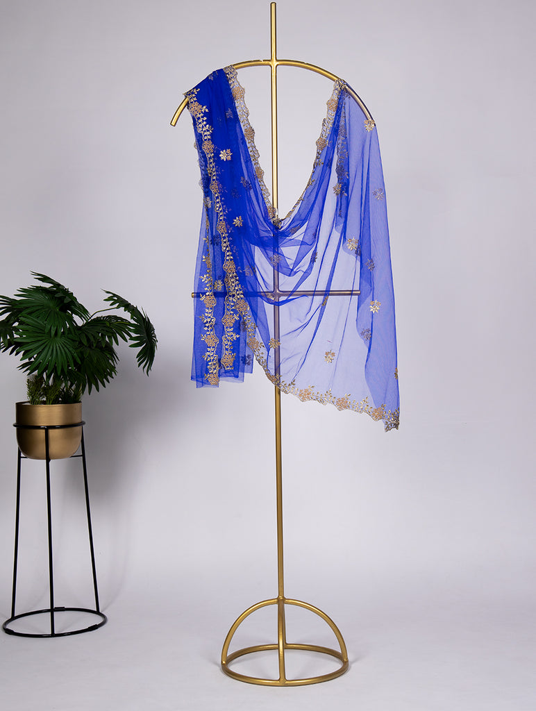 Royal Blue Net Dupatta With Embroidery Cut Work and Stone Work