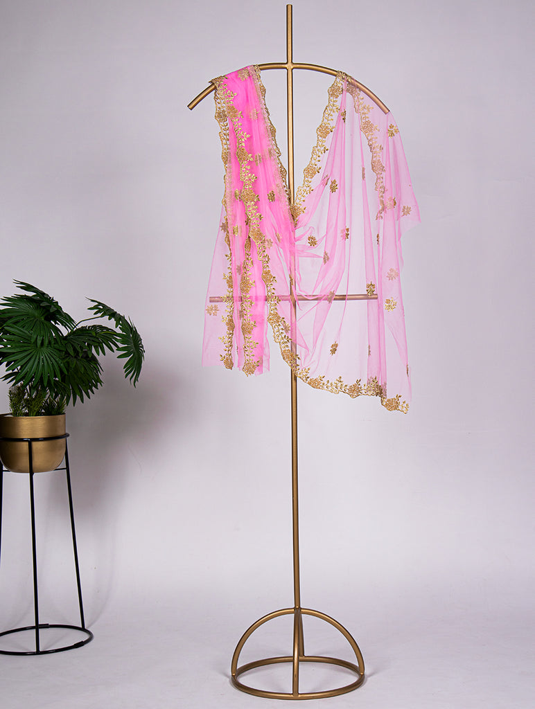 Baby Pink Net Dupatta With Embroidery Cut Work and Stone Work