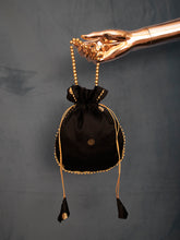 Load image into Gallery viewer, Black Potli Bag With Pearl Lace Border With Moti.