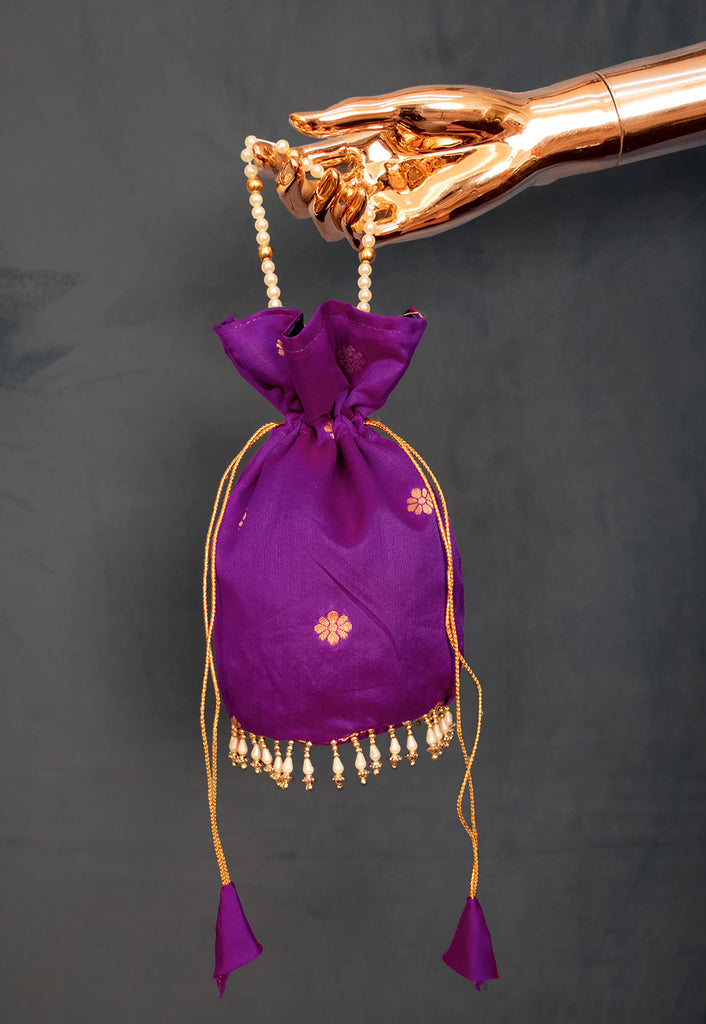 Purple Potli Bag With Pearl Lace Border With Moti.