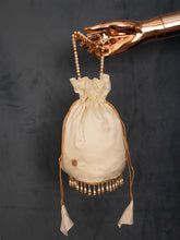 Load image into Gallery viewer, White Potli Bag With Pearl Lace Border With Moti.