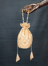 Load image into Gallery viewer, Cream Foil Print Potli Bag With Pearl Lace Border With Moti Strap