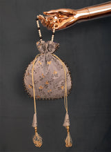 Load image into Gallery viewer, Grey Foil Print Potli Bag With Pearl Lace Border With Moti Strap