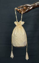 Load image into Gallery viewer, White Foil Print Potli Bag With Pearl Lace Border With Moti Strap