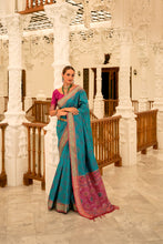 Load image into Gallery viewer, Rama Blue Patola Printed Banarasi Silk Saree With Tassels