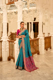 Rama Blue Patola Printed Banarasi Silk Saree With Tassels