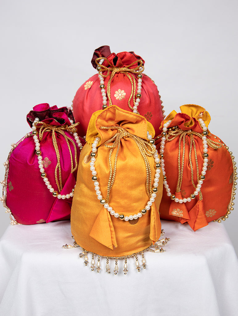 Mustard Color Weaving Zari Work Silk Potli Bag