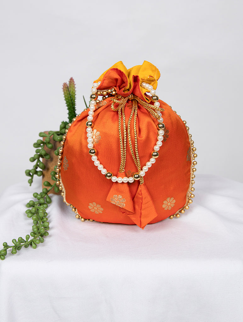 Orange Weaving Zari Work Silk Potli Bag