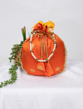 Orange Weaving Zari Work Silk Potli Bag
