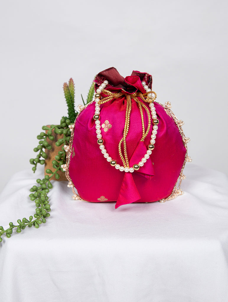 Pink Weaving Zari Work Silk Potli Bag