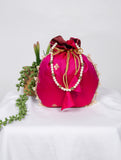 Pink Weaving Zari Work Silk Potli Bag