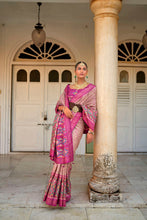 Load image into Gallery viewer, Peach Ikat Bandhani Print Saree with Tassels