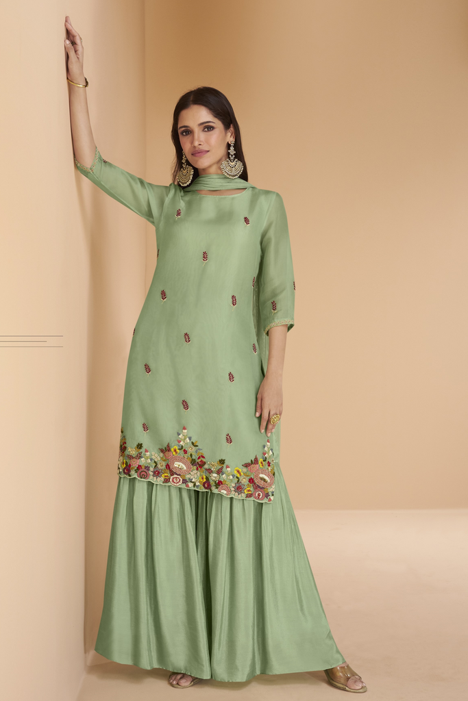 Mint Green Organza Silk Salwar Suit With Floral Embroidery Work And Net Dupatta - Diva D London LTD