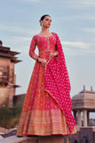 Two Tone Orange And Magenta Pink Embroidered Georgette Anarkali Suit