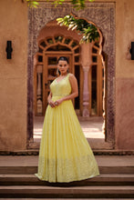 Load image into Gallery viewer, Party Wear Bright Yellow Georgette Gown With Net Dupatta