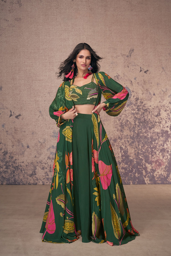 Green French Crepe Silk Crop Top Palazzo Suit With Shrug