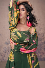 Load image into Gallery viewer, Green French Crepe Silk Crop Top Palazzo Suit With Shrug