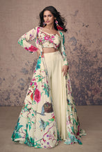 Load image into Gallery viewer, Ivory Floral French Crepe Silk Crop Top Palazzo Suit With Shrug