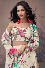 Load image into Gallery viewer, Ivory Floral French Crepe Silk Crop Top Palazzo Suit With Shrug