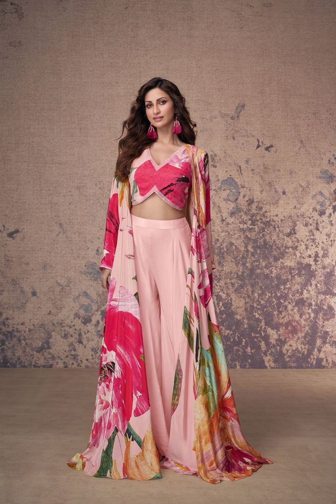 Pink French Crepe Silk Crop Top Palazzo Suit With Shrug