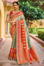 Load image into Gallery viewer, Grey Handwork Embroidery Dola Silk Saree With Blouse