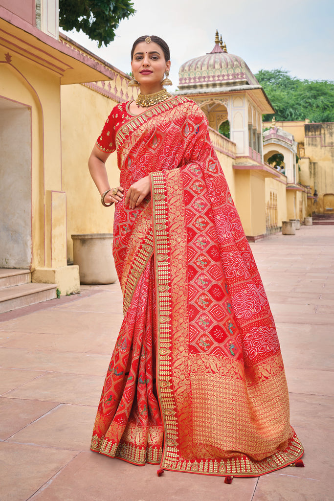 Red Handwork Embroidery Dola Silk Saree With Blouse