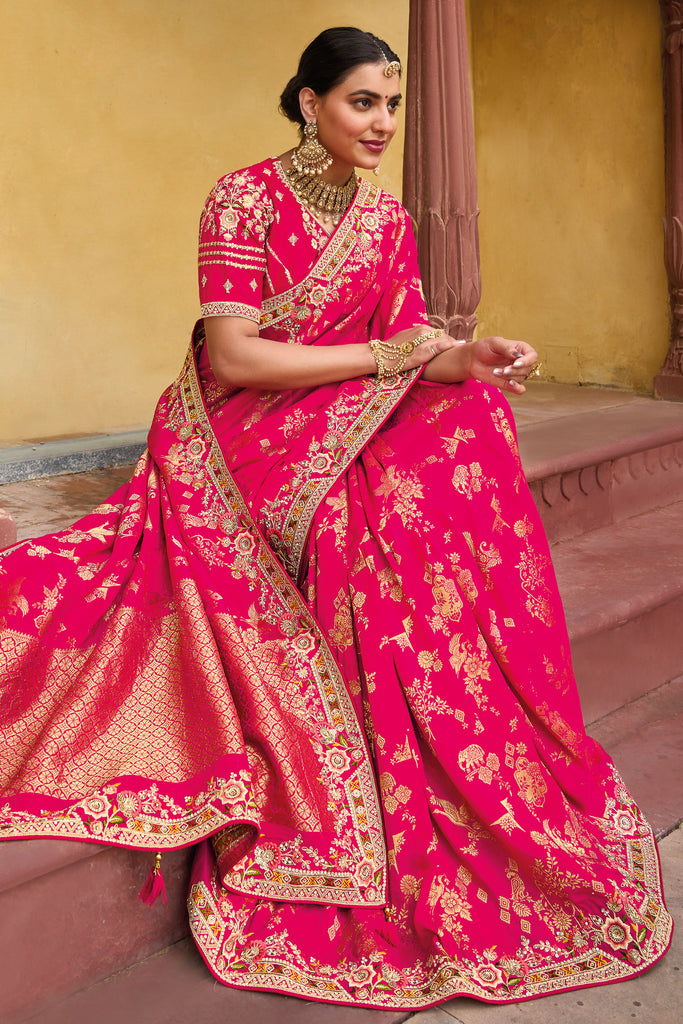 Fuschia Pink Zari Woven Handwork Embroidery Dola Silk Saree With Blouse