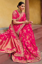 Load image into Gallery viewer, Fuschia Pink Zari Woven Handwork Embroidery Dola Silk Saree With Blouse