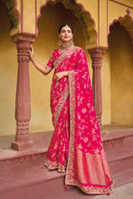 Load image into Gallery viewer, Fuschia Pink Zari Woven Handwork Embroidery Dola Silk Saree With Blouse