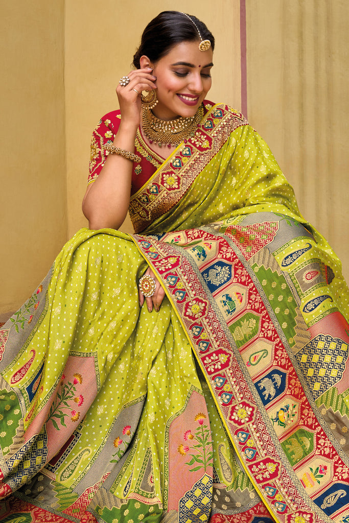 Lime Green Zari Woven Handwork Embroidery Dola Silk Saree With Blouse